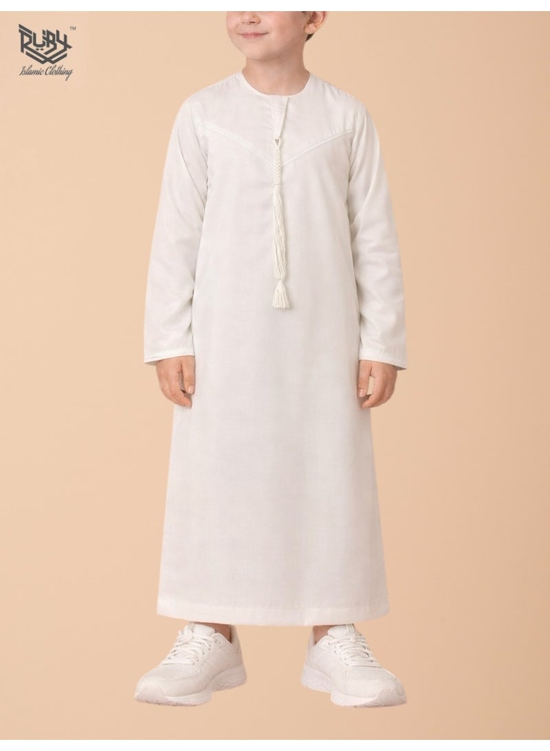 RUBY ISLAMIC CLOTHING Classic Off White Emirati Thobe kandura for Children & kids with Intricate Embroidery kandura Kaftan Round Neck Long Sleeve Saudi Arabian Muslim Robe - Image 1
